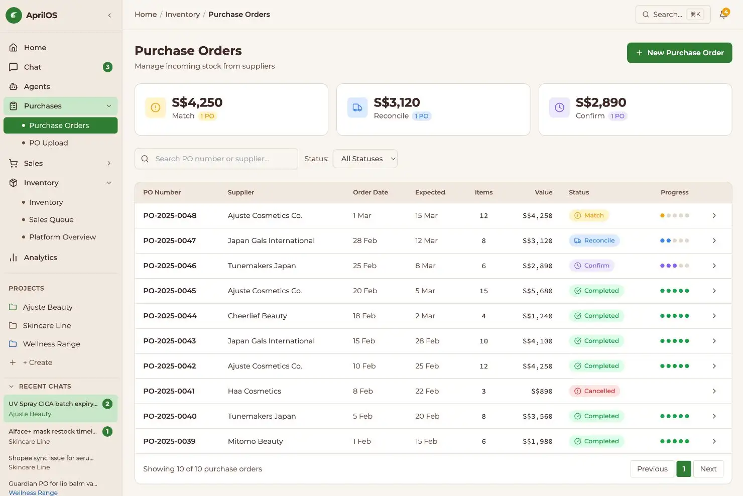 AprilOS purchase orders